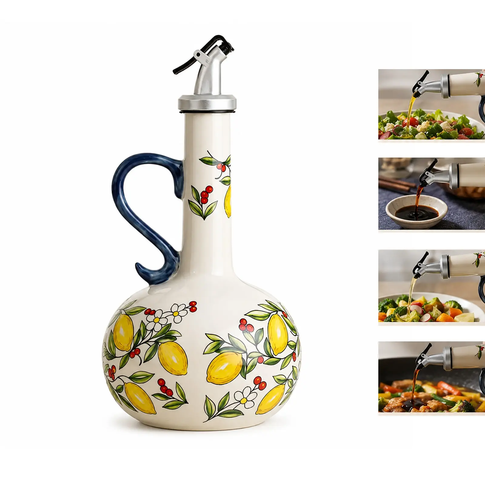Hand-Painted Ceramic Olive Oil Bottle 600ML, Flip-Top Leak-Proof Neck, Lemon Floral Pattern, Kitchen Decor Gift, Non-Lead Crystal Glass, Kitchen Oil Dispenser, Oil Bottles for Kitchen