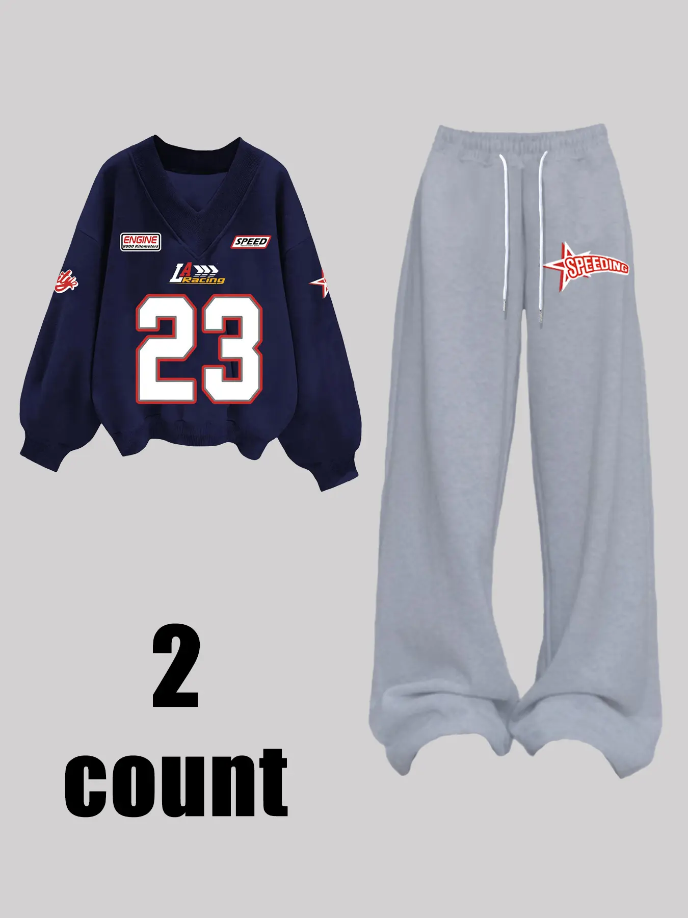 Racing Graphic Tracksuit Set, Sweatsuit Set, Black 2-Piece Streetwear with Number 23 Print, Bold "Speed" & "Racing" Logos, Baggy Sweatshirt + Joggers, Casual OOTD, Y2K/Retro Vibe Fits, Sweatsuit Sets
