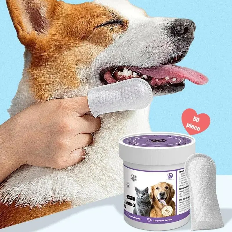 Pet Dental Grooming Wipes for Dogs & Cats, 50 Count, Removes Plaque & Tartar, Fresh Breath, No Rinse Finger Brush, Gentle Cleaning & Gums Care