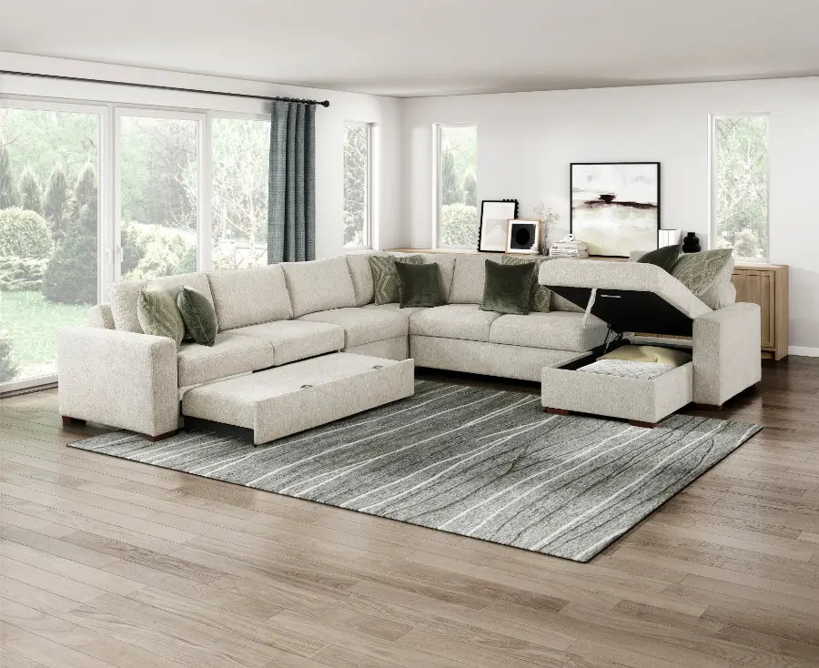 Homelegance 8548-6VC2ACR2ACLACA 5-Pc Isla Light Textured Microfiber Reversible 140" Modular Sectional Sofa Couch with Storage Chaise, Pop-Up Sleep Area, Sofa With Chaise