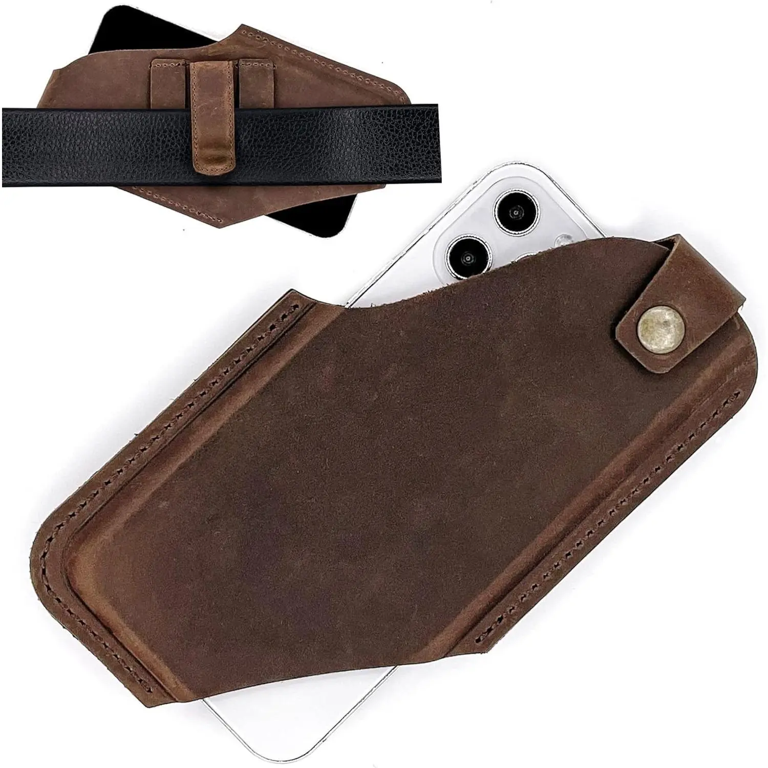 F-PHP09  Leather Cell Phone Holster with Belt Clip, Leather Belt Pouch, Universal Phone Case on Belt for Men, Phone Holder for Smartphone, Right Handed, Dark Brown, Medium