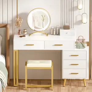 White Vanity Desk with Mirror and Lights, Modern Makeup Vanity Table Set with 6 Storage Drawers and Cushioned Stool for Bedroom, Dressing Table with Divided Organizers for Women Girls, White
