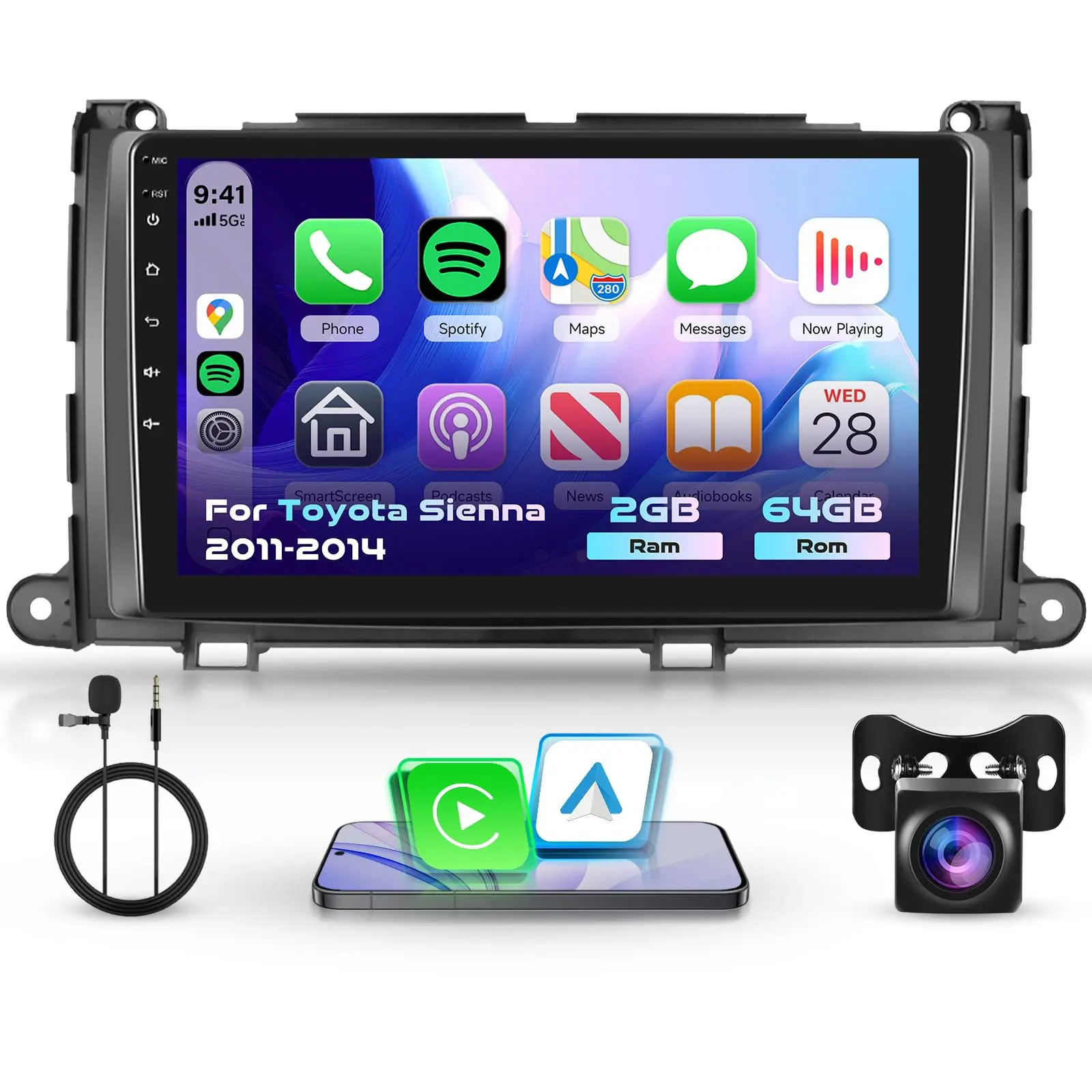 2G+64G Car Radio Stereo for Toyota Sienna 2011-2014 with Wireless CarPlay/Android Auto, 9” HD Touch Screen Android 15 GPS WiFi Bluetooth FM/RDS EQ HD Backup Camera