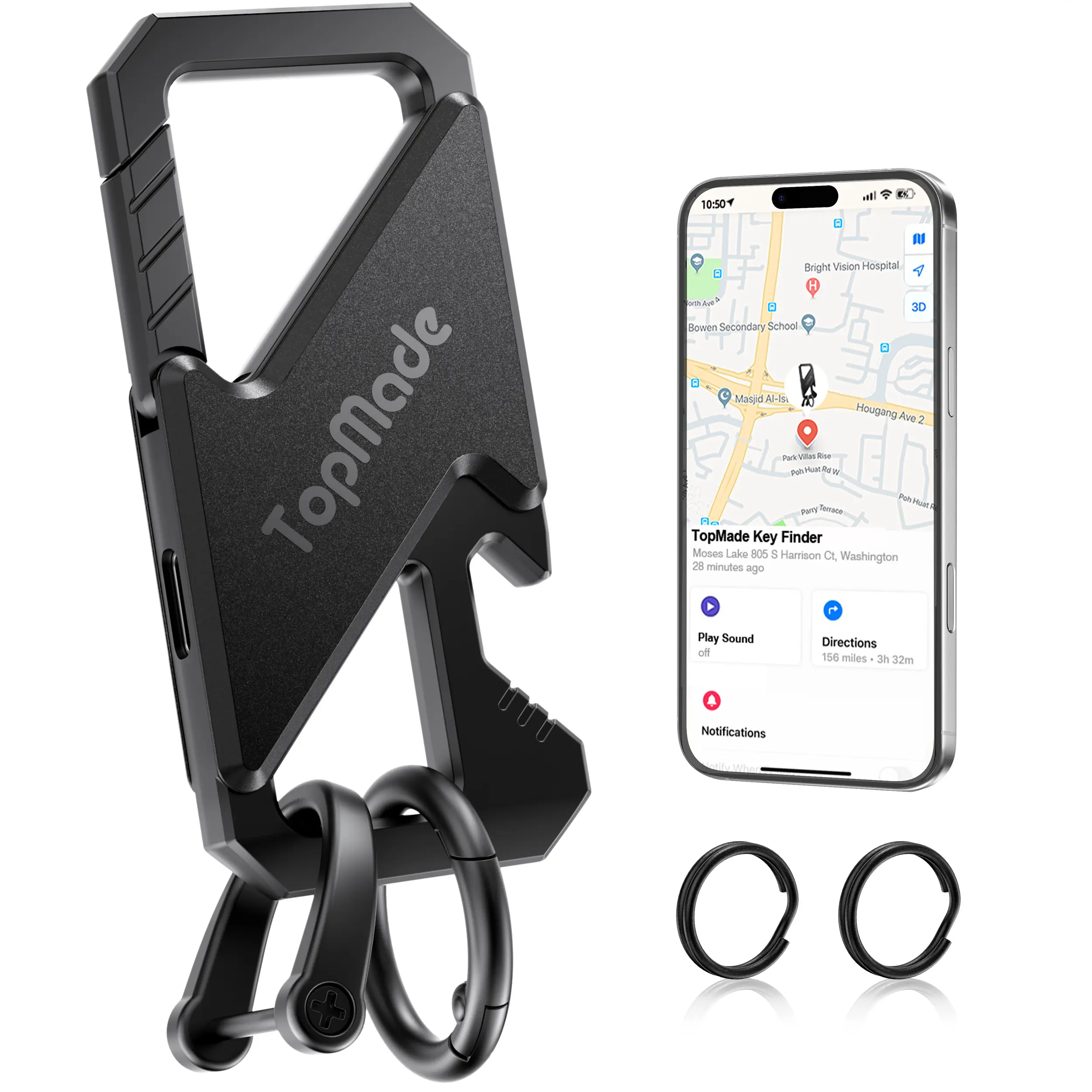 Keychain Works with Apple Find My(IOS Only), Carabiner Heavy Duty Car Key Chains Bottle Opener with Bluetooth GPS Tracker, Rechargeable Key Finder Item Locator for Luggage, Bags, Backpack