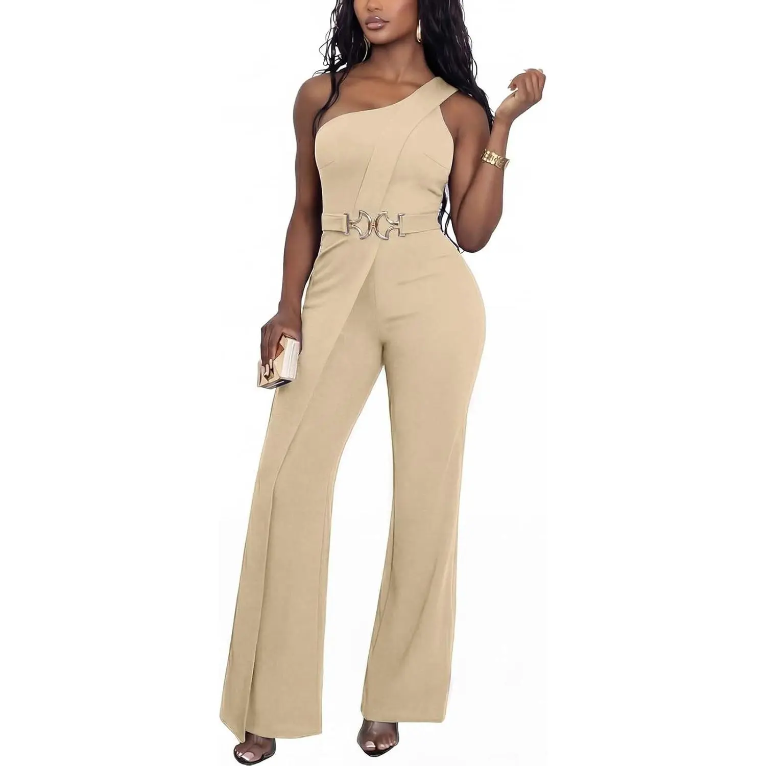 Women's 1-Shoulder Sleeveless Belted Wide-Leg Jumpsuit - Polyester-Spandex Fabric, Fashion Straps, Elegant Dressy Party Outfit