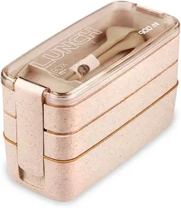 Lunch Box, Stackable Bento Box, 3-In-1 Compartment - Wheat Straw, Leakproof Bento Lunch Box Meal Prep Containers