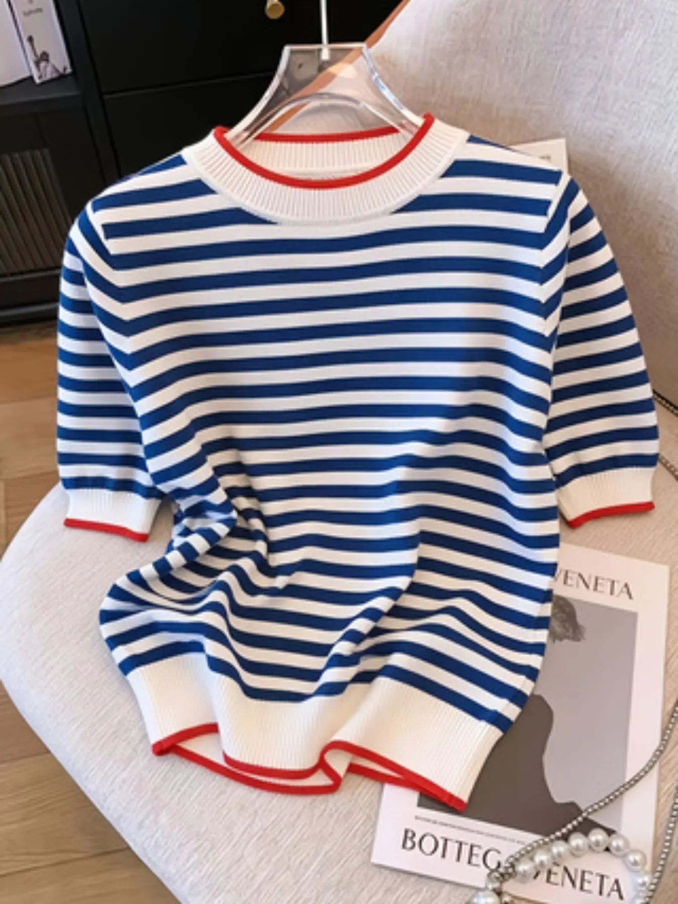 Women's Round Neck Knit Short Sleeve Pullover Sweater, Crewneck Sweater, Casual Comfortable Striped Summer Fashion, Slim-Fitting All Seasons Top, Knitwear, Cozy Knitwear