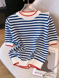 Women's Round Neck Knit Short Sleeve Pullover Sweater, Casual Comfortable Striped Summer Fashion, Slim-Fitting All Seasons Top