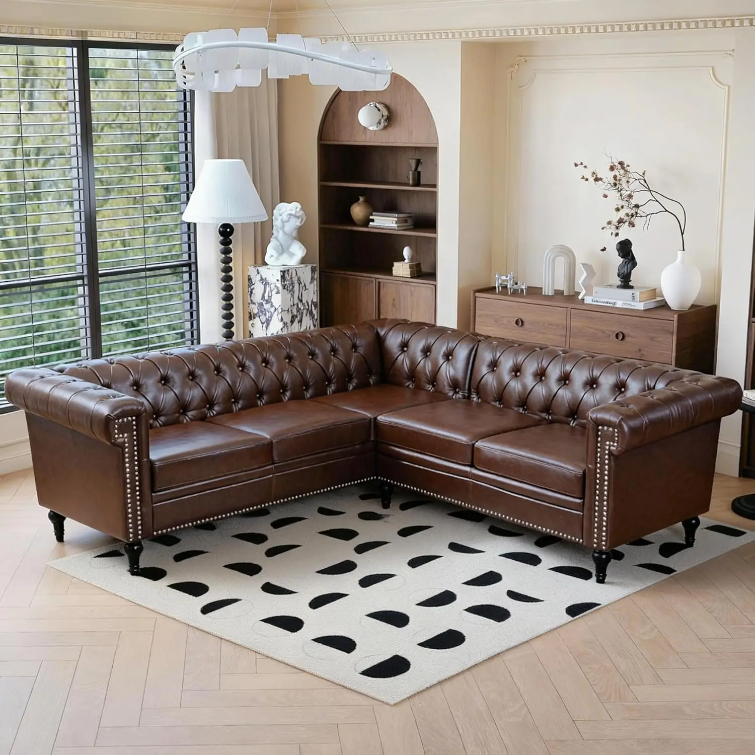 Sectional L-shaped Sofa, Chesterfield Faux Leather Couch Modern 5 Seater Upholstered Small Accent Tufted Sofa With Nailhead Design And Rolled Armrest For Living Room, Apartment, Office,dorm essentials,home decor