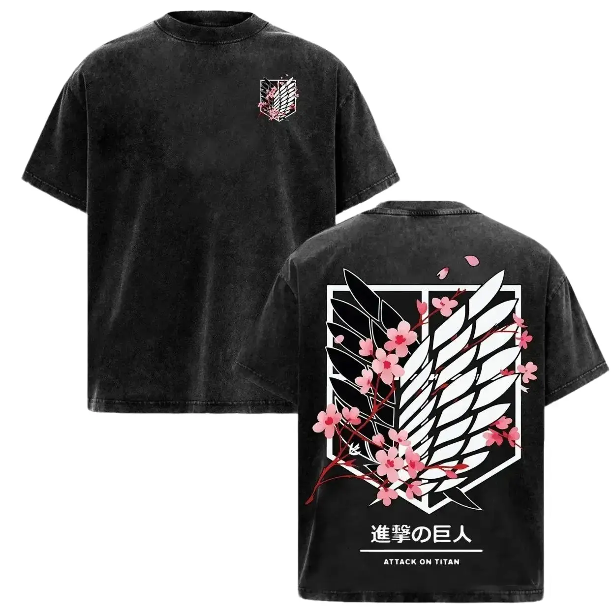 Attack On Titan Shirt Acid Wash Vintage Anime Graphic Tee Wings Of Freedom Scout Regiment Sakura Cherry Blossom T-Shirt Unisex Casual Streetwear Oversized Y2K Clothes AOT Merch Eren Levi Manga Apparel Japanese Harajuku Style Tops For Men And Women
