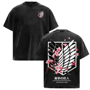 Women's Attack On Titan Acid Wash T-Shirt - Unisex Premium Vintage Soft Cotton Oversized Apparel, Short-Sleeve Printed Wings of Freedom Sakura Graphic, Eren Yeager Cosplay Harajuku Streetwear Gift for Otaku Fans (Gray, L)