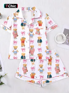Women's Bear Bow Print Pyjama Set, Short Sleeve Button-Up Top & Elastic Shorts, Casual Fashion Womenswear Sleepwear Loungewear Pajamas for All Seasons