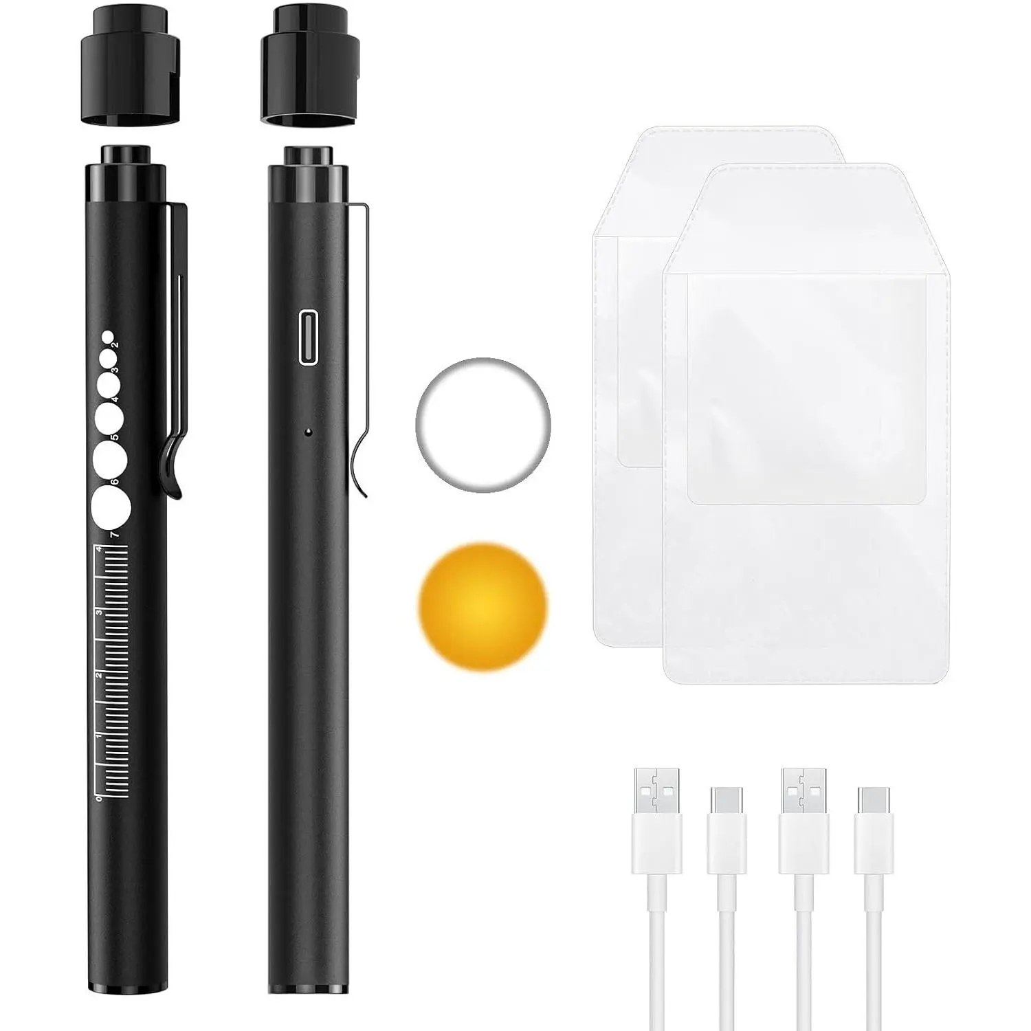 2 Rechargeable Penlights with Pupil Gauge & Ruler, Mini LED Pen Lights for Nurse Doctor, Warm & White Light, Chargeable Penlight with Clip, Flashlight for Nursing Student