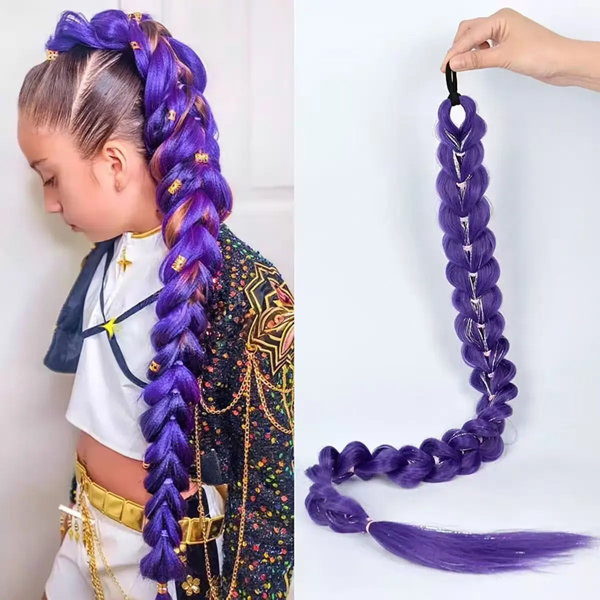 Purple Jumbo Braid Hair Extension, Pre-Braided Long Purple Festival Braid Ponytail with Hair Tie, Cosplay Rave Party Kids & Adult Synthetic Braided Hair Accessory