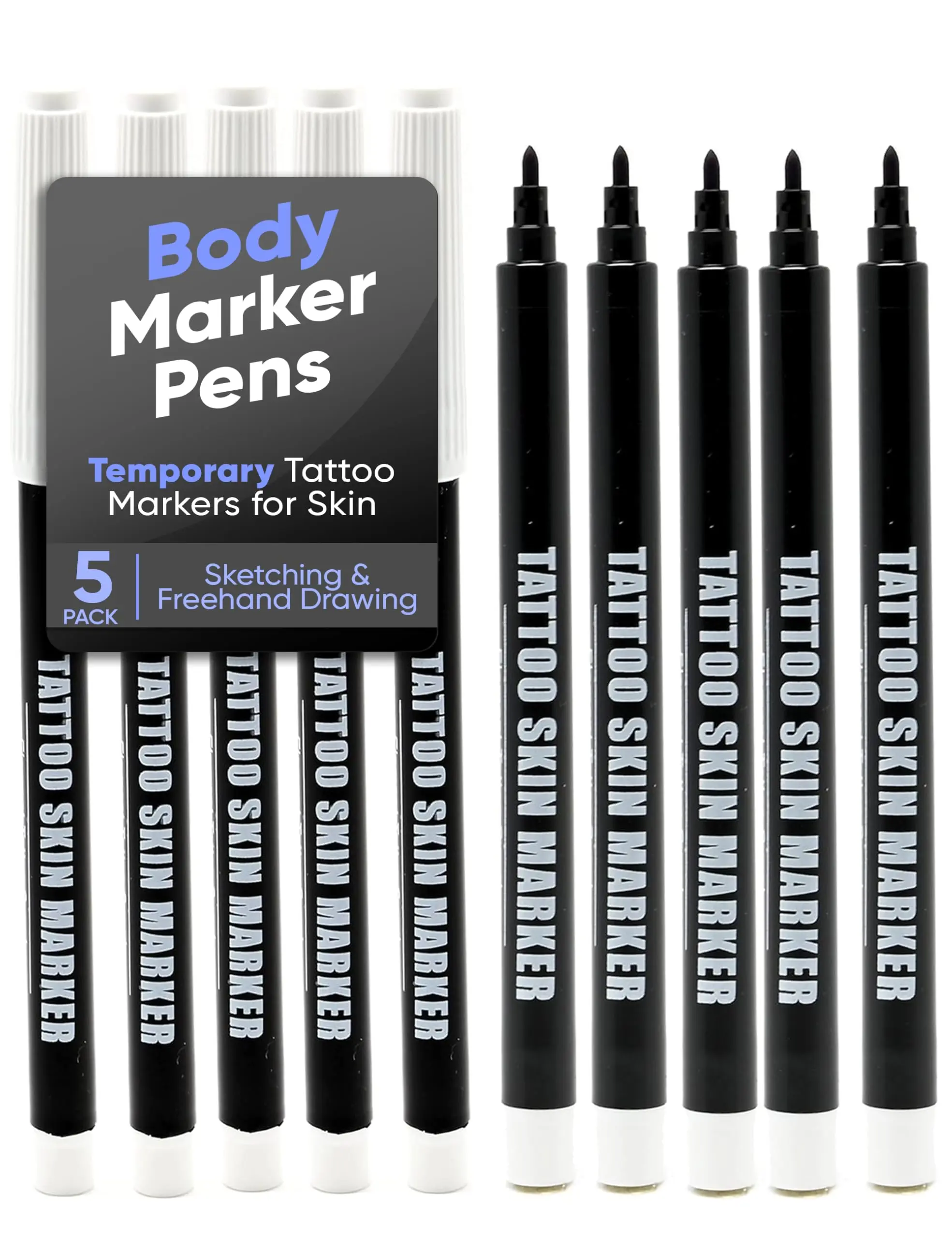 Element Tattoo Supply Skin Marker Pens - Body Safe, Temporary Tattoo Markers for Sketching & Freehand Drawing, Bold Purple Tip, 5-Pack