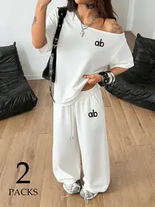 Women's Hot Ab Logo Sport Set, Asymmetrical Short Tee + Wide Leg Sweatpants, Loose Fit, Minimalist Style, Streetwear, Loft Vibe