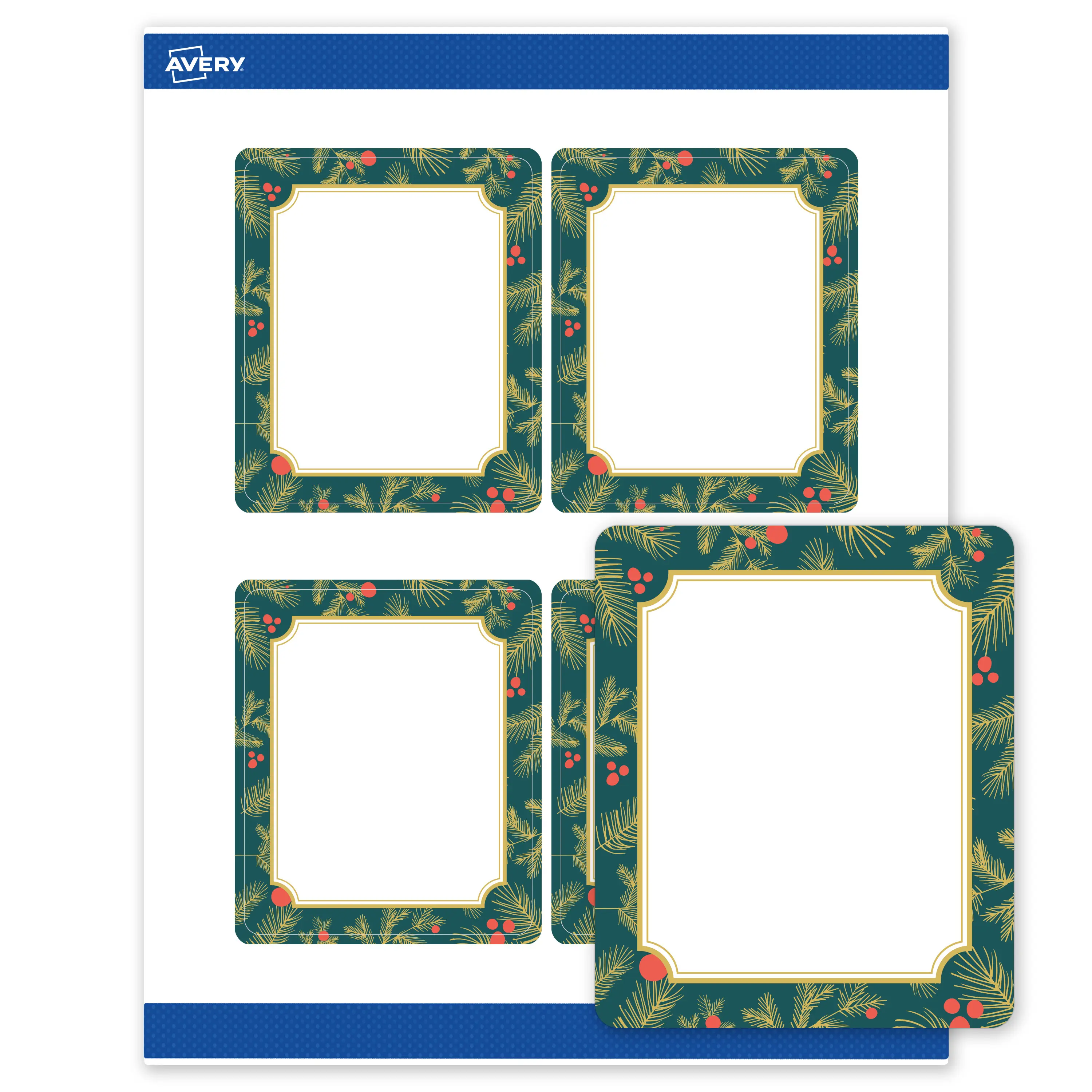 Avery® Printable Christmas Labels with Sure Feed® Technology, Rectangle, 4" x 3-1/3", Pre-Printed Teal & Metallic Gold Border with Holly Design, Matte White, Laser & Inkjet Compatible, 40 Total