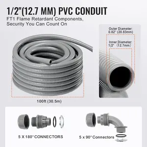 VEVOR 1/2-Inch Flexible Electrical Conduit, 100 ft, PVC Liquid-Tight Conduit Non-Metallic with 5 Straight and 5 90-Degree Conduit Connector Fittings, for Air Conditioning Motor Controller Pump, IP65