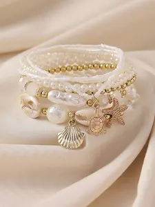 7pcs Boho Layered Bracelet Set with Seashells, Pearls & Starfish Beads, Perfect for Beach Casual Wear