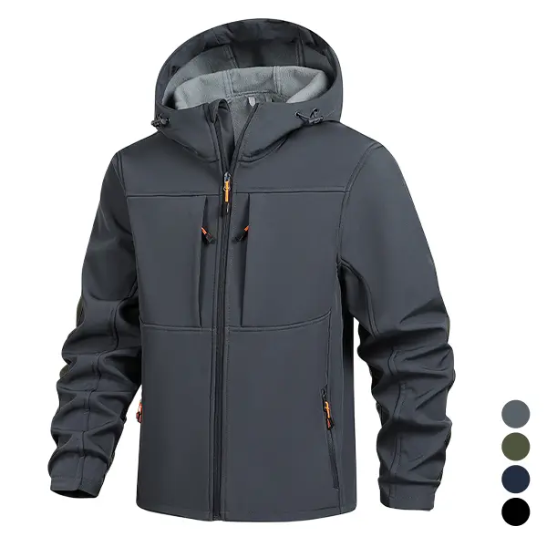 Men's Fitted Softshell Jacket, Tactical Fleece Lined Hooded Parka, Water Resistant Multi-Pocket Nylon Outdoor Wear for Winter, Multi-Pockets, Front Zipper, Casual, Waterproof Shell