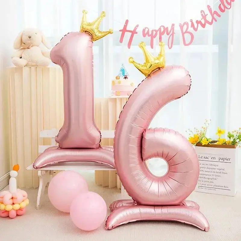 5pcs Style 42 Inch Standing Design Pearl Finish Number Balloons, Crown Detail Girl Children Birthday Party Scene Decoration, Foil Balloons, Party Balloons Decorations