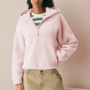 Women's Hoodie Half Zip Sherpa Fleece Pullover Lightweight Cropped Jacket with Zipper Pockets for Sports Hiking Biking Spring Fall Winter