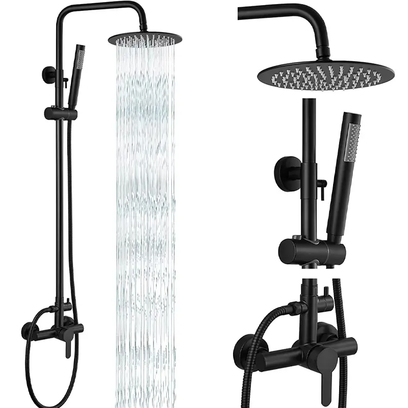 ATSHOWER Stainless Steel Outdoor Shower Fixture Set - Wall Mounted High Pressure Single Handle System Kit with 8-in Dual Function Rainfall Showerhead, Handheld Sprayer with Hose, Matte or Nickel Finish, Handheld Shower Head With Hose
