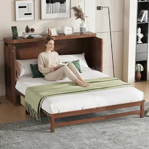 Queen Size Murphy Bed Cabinet with Charging Station & USB Port, Queen Murphy Bed with Storage Drawer, Solid Pine Murphy Beds for Home Office, Studio or Guest Room, Walnut