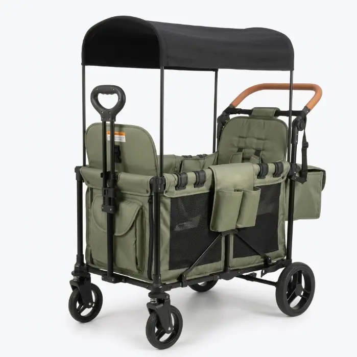 The Ultimate All-Terrain Double Stroller Wagon，EasyFold 3-Second Double Wagon Stroller，Stroller Wagon for 2 Kids, Premium All Terrain Wagon for Kids with Removable Canopy, Adjustable Push/Pull Handle, Harnesses, Large Storage Bag, Dark green