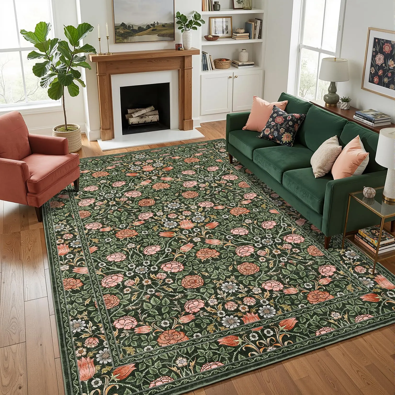Dark Green Vintage Floral Washable 5x7 Area Rugs for Living Room Boho Botanical Retro Rug Low Pile Stain Resistance Non Slip Carpet for Bedroom Nursery Dining Room