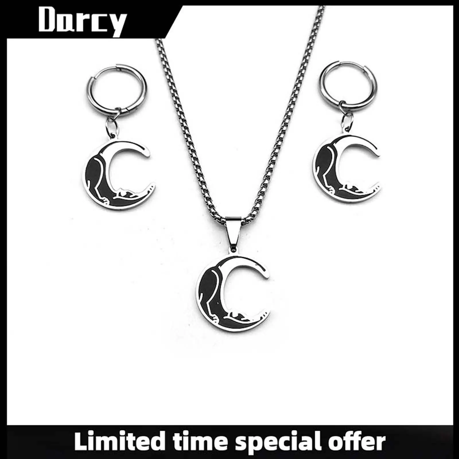 Women's Minimalist Gothic Chic Titanium Steel Black Cat Moon Pendant Necklace & Earrings Set, Daily Wear Artificial Gemstone Jewelry, Pendant Necklace Set