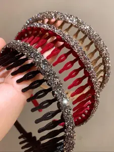 3pcs Flocked  Rhinestone Decorated Hair Hoop, Comb Design Anti Slip Headband, Casual Hair Accessories For Women & Girls, Bling Hair Headband