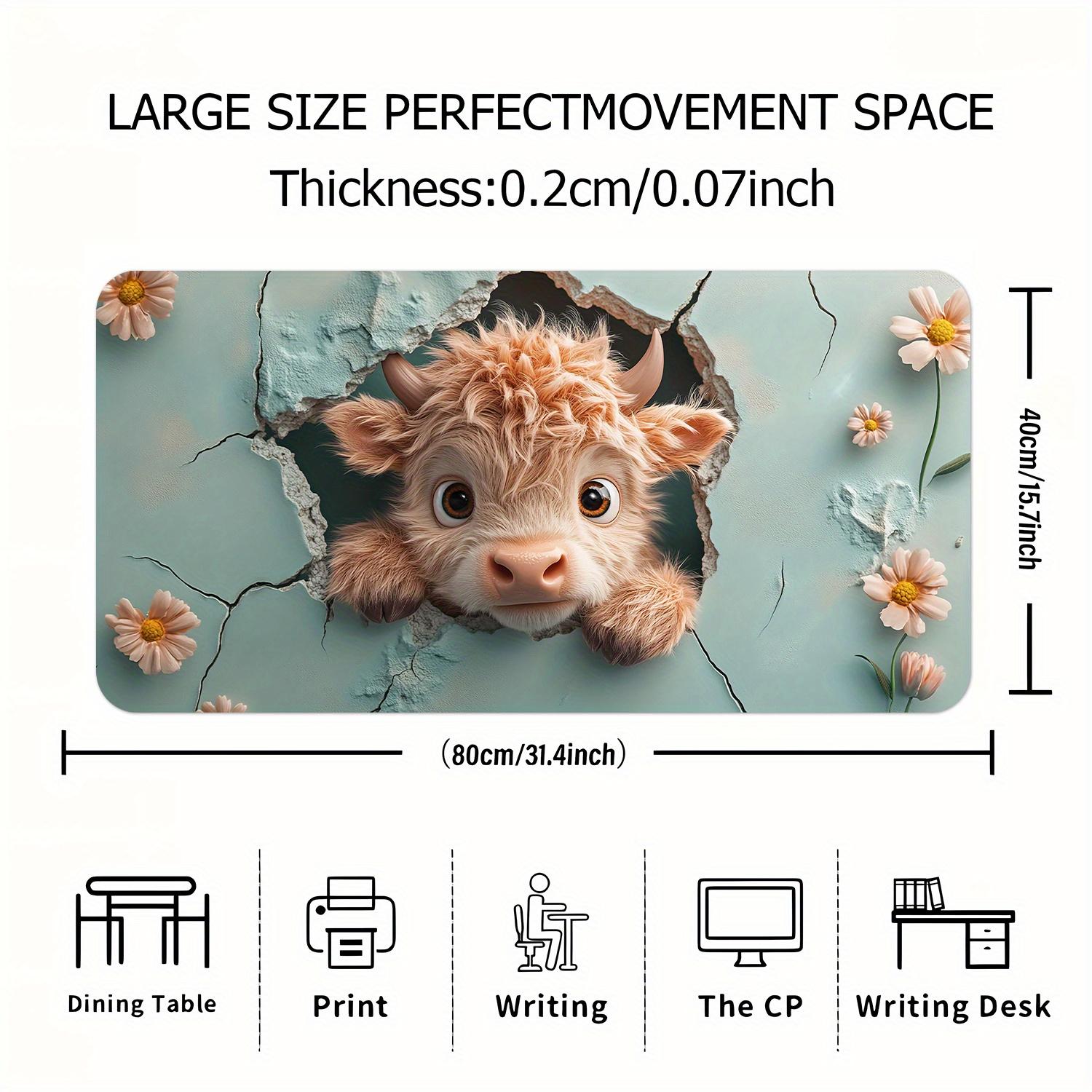 1pc Cute Highland Cow Scottish Cow Desk Mat |   Non-Slip Mouse Pad & Keyboard Cover, Turquoise Cracked Ice-like Texture with Pink Flowers, Soft Blue Computer Accessory for Office, Room, Reusable Desk, 2D Flat