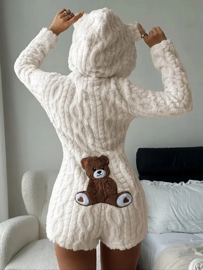 Women's Cute Teddy Bear Embroidered Hooded Long Sleeve Fleece Sweatshirt, Comfortable Casual Fashion Design, Perfect Gift for Her, Daily Wear