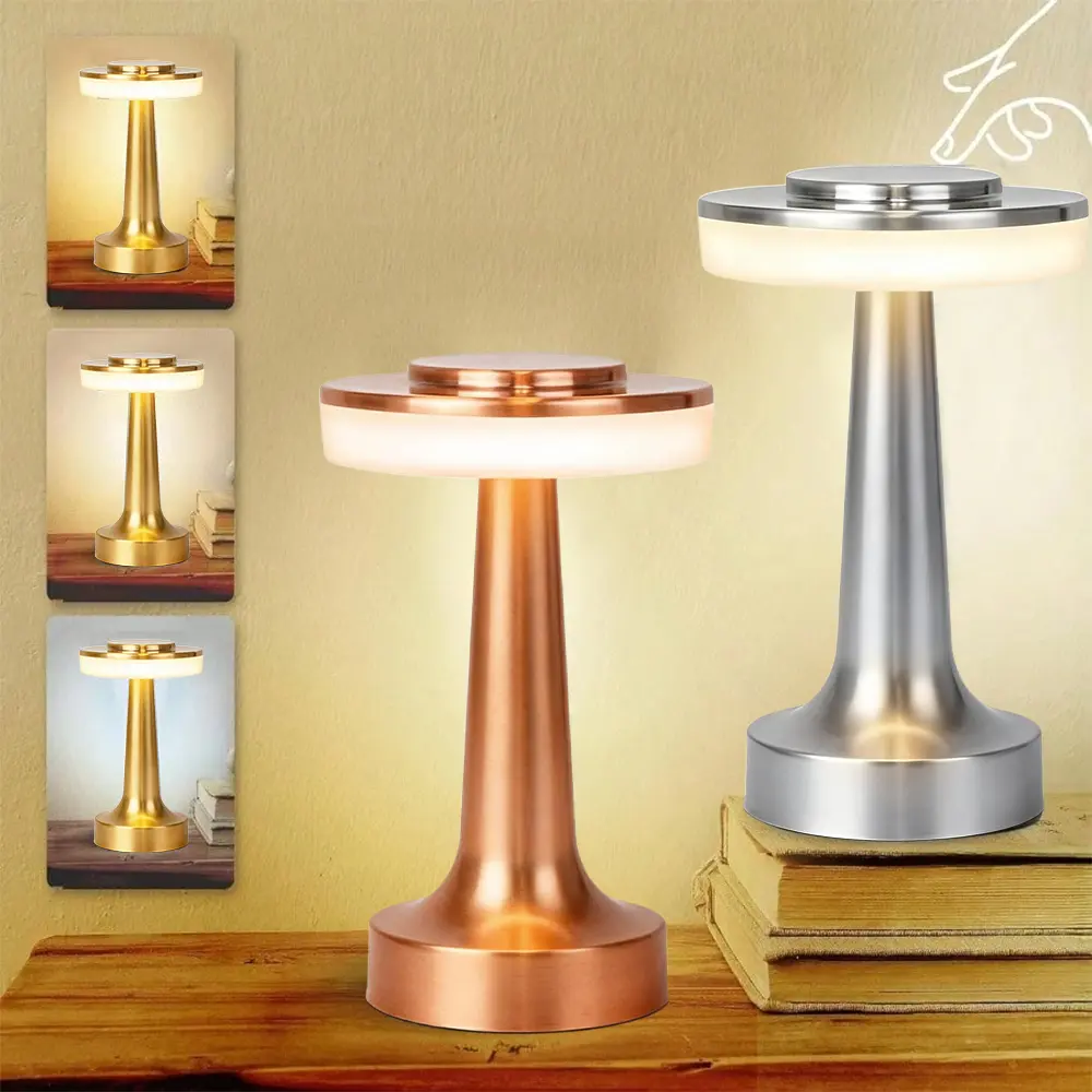 Metallic Retro LED Table Lamp (1 x LED Table Lamp) with Base & Shade - 1500mAh USB Rechargeable, Dimmable Touch, Adjustable, Color Changing Mood Lighting, USB Charging Light (Gold, Silver, Rose Gold) for Bar, Kitchen Decoration, 3 Color