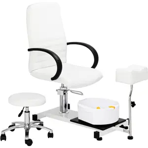 OmySalon Pedicure Chair White with Stool & Bubble Massage Foot Bath, Hydraulic Pedi Chair for Nail Tech, Beauty Spa Salon Unit Station Technician Supplies