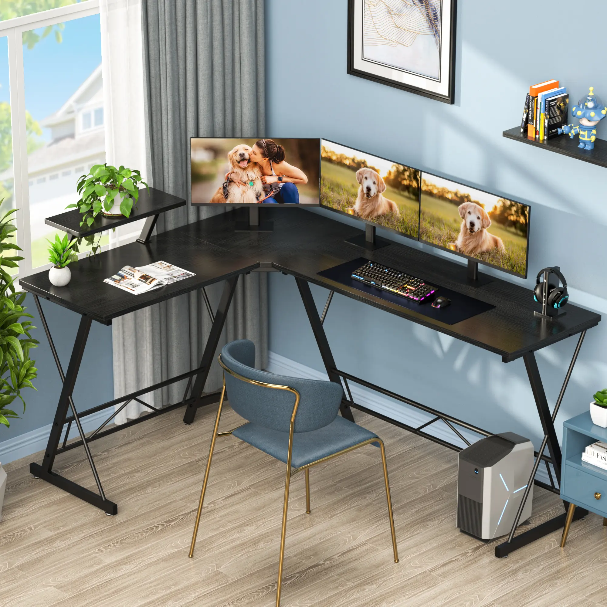 Mr IRONSTONE 63" L Shaped Computer Desk, Corner Desk, Home Office Desk, Gaming Writing Workstation with Large Monitor Stand, Easy to Assemble, Black Willow