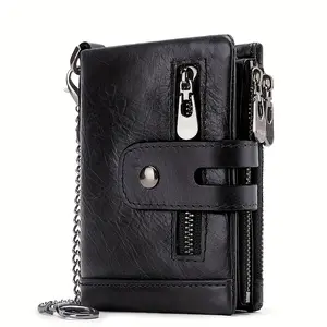 BIGWIG Men's Classic Retro Chain Wallet - Genuine Leather, Waterproof, RFID Blocking Bifold Card Holder with Double Zipper Coin Pocket - Everyday Carry, Father's Day Gift