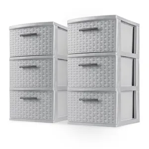 Sterilite 3 Drawer Storage Tower, Plastic Weave Medium Organizer, Cement, 2 Pack