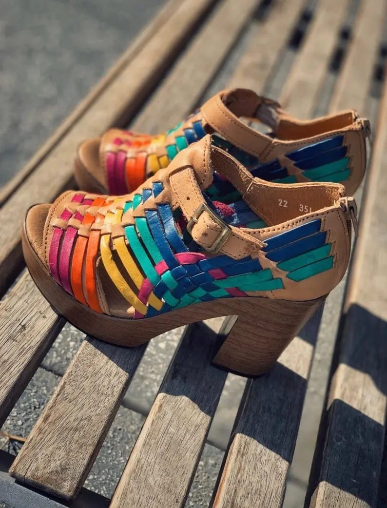Mexican style Boho Hippie All sizes - High heel leather shoe Luisa’s Rainbow cute unique shoes