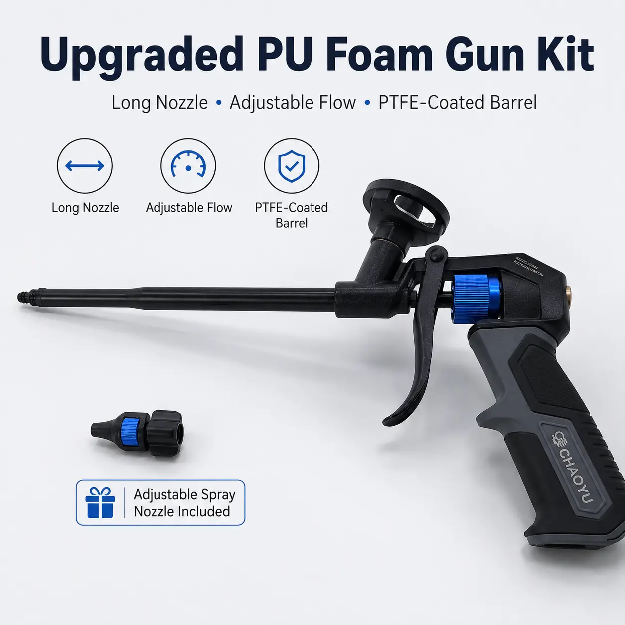 Durable Construction Aluminum Alloy PU Foam Spray Gun Kit - PTFE-Coated Barrel, Brass Components, Adjustable Flow Control, Long Reach Nozzle & Tube, Manual Applicator for Insulation, Gap Filling, Threaded Cans