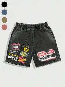 Men's Washed '66 Road' Classic Loose Shorts, Vintage Graphic Patchwork Print, Soft Cotton Blend Fabric, Casual Streetwear Style, Daily Wear, Casual Sporty Shorts, Chic Casual Shorts