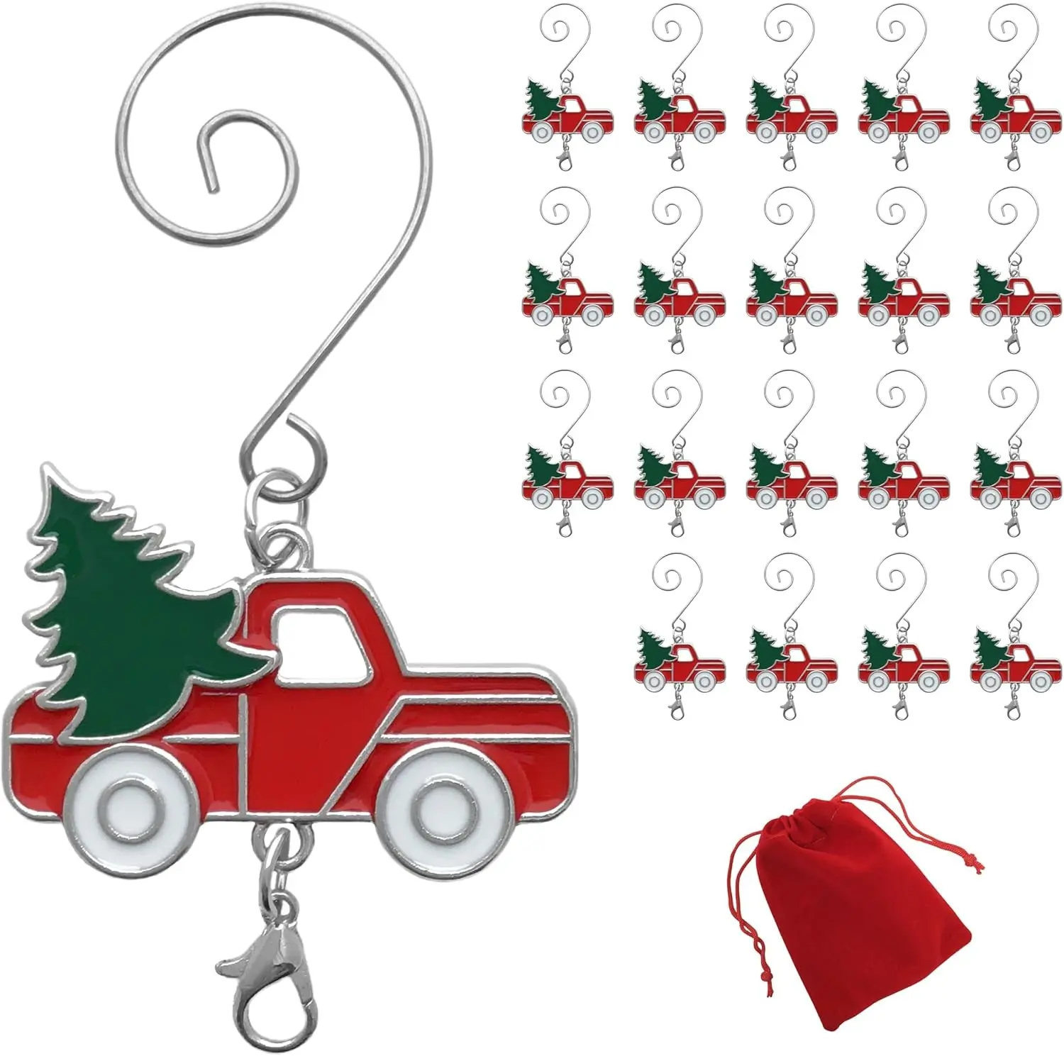 20-Pack 3 in Farmhouse Red Truck Christmas Ornament Hooks, Decorative Holiday Hangers with S Hook & Lobster Claw for Christmas Tree, Festive Home Supplies Gift, Wheel