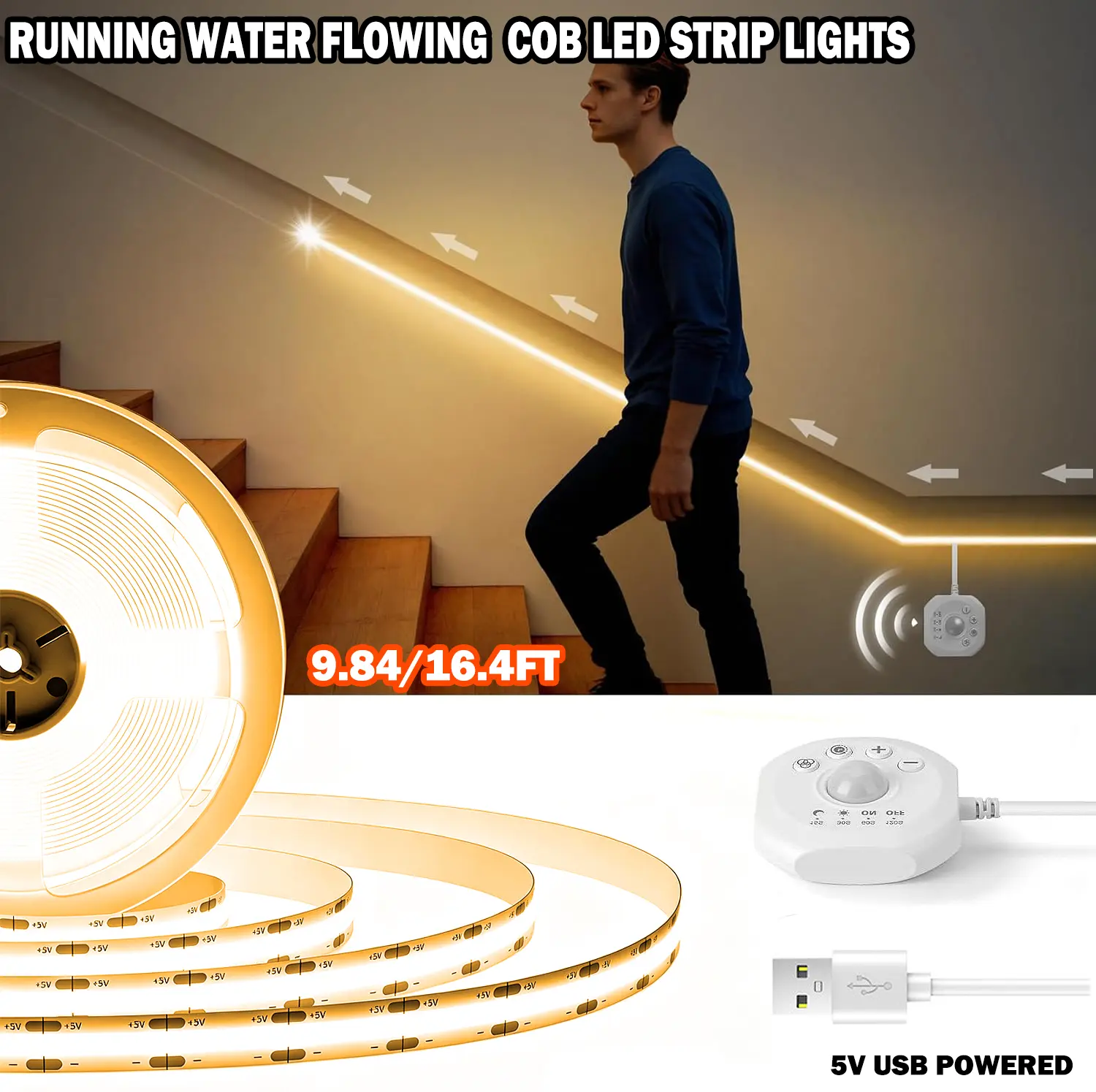 9.84ft/16.4ft Motion Sensor LED Strip Light Kit - 5V USB COB LED with Running Water Effect, Auto On/Off for Bedroom, Closet, Kitchen, Stairs, Cabinets