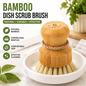 Bamboo Dish Scrub Brush for Kitchen Sink, Natural Wooden Washing Dish Brush Scrubber with Sisal Bristles for Household Cleaning, Cast Iron Pots, Pans, Vegetables, Cookware, Countertops and Daily Kitchen Cleaning