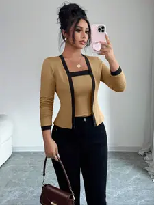 Elegant Women's Casual Colorblock Basic Long Sleeve Knitwear Cardigan Set, Backless Camisole Top, Fashionable Spring & Fall Wear, 2 Piece Womenswear