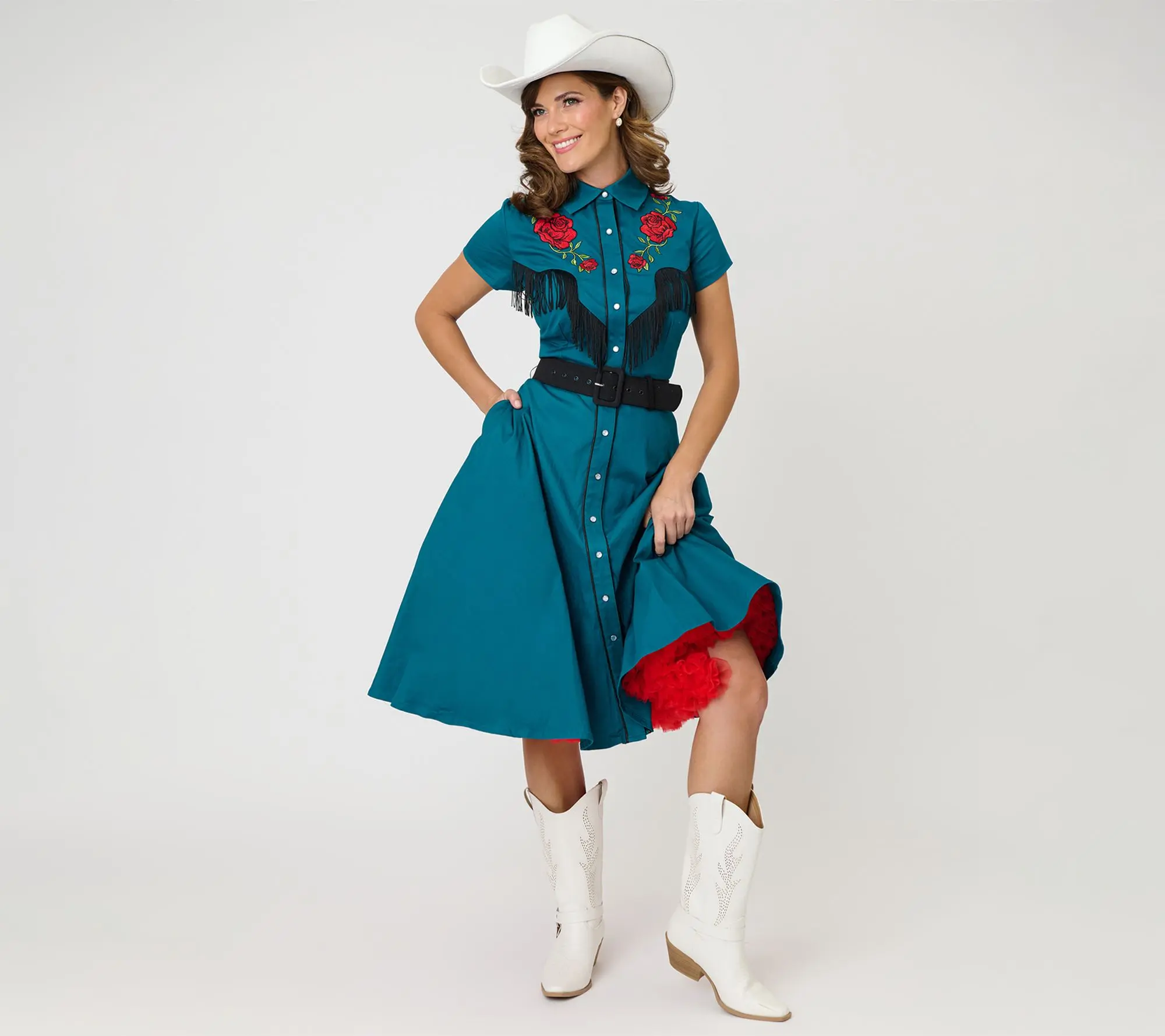 Unique Vintage Teal & Western Rose Madeline Swing Dress