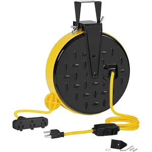 30 ft retractable extension cord reel 163 gauge sjtw power cord with 3 electrical outlets pigtail for garage and shop 10 amp circuit breaker metal plate ul listed yellow y30cr06