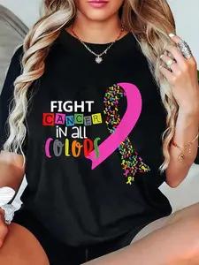 100% Cotton Unisex Fight Cancer In All Color Ribbon Cancer Awareness Month Round Neck Short Sleeve T-Shirt Women's Men Graphic Tee