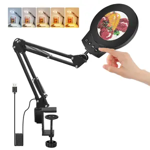5x Magnifying Glass Foldable Lamp, 5 Modes Adjustable Brightness, Swivel Arm LED Desk Light, Portable Magnifier for Reading and Crafts